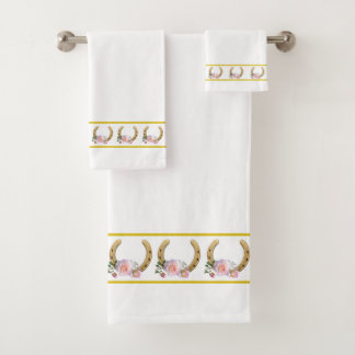 Elegant, Golden Horseshoes with Flowers on White Bath Towel Set