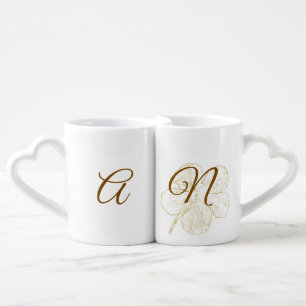 Elegant Golden Initial Botanical Lovers' Mug Set