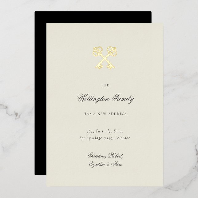 Elegant Golden Key New Address Moving Annoucement Foil Invitation (Front/Back)