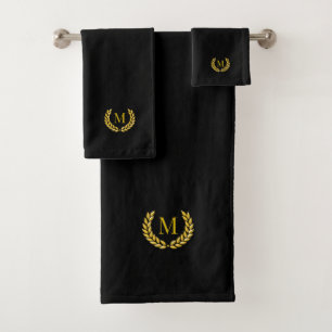Elegant Golden Laurel & Monogram on Black Bath Towel Set
