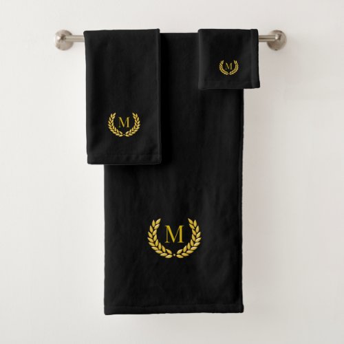 Elegant Golden Laurel  Monogram on Black Bath Towel Set