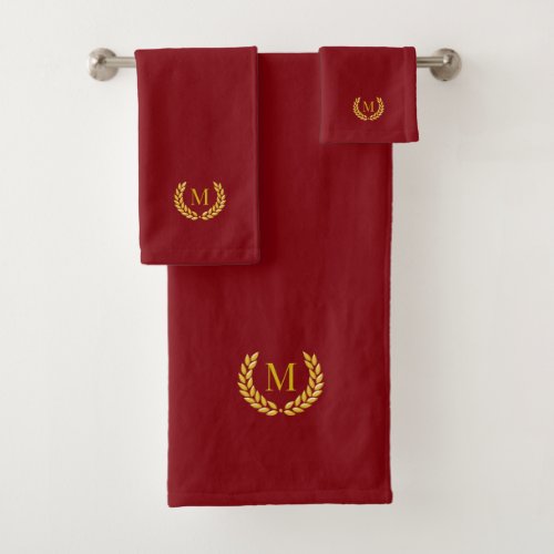 Elegant Golden Laurel  Monogram on Maroon Bath Towel Set
