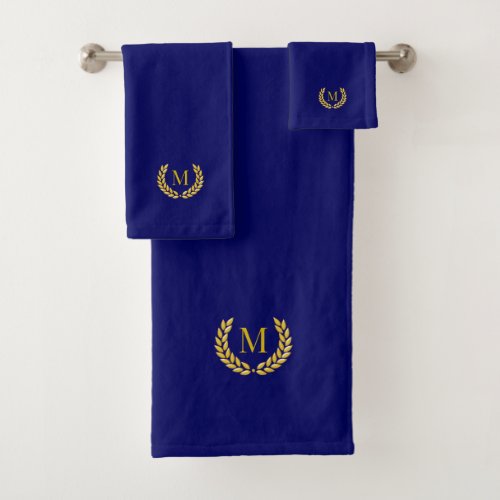 Elegant Golden Laurel  Monogram on Navy Blue Bath Towel Set