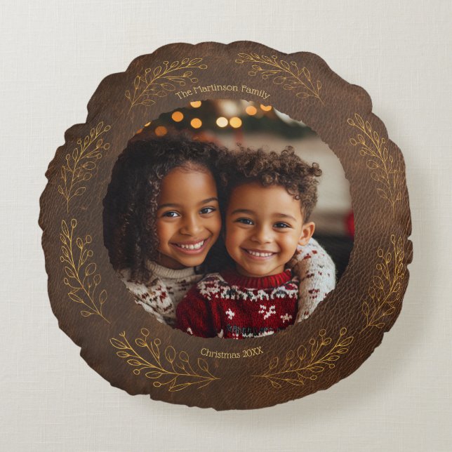 Elegant Golden Leaves Family Photo Christmas Brown Round Pillow (Front)