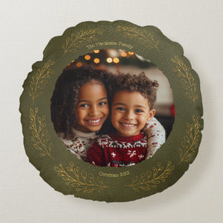 Elegant Golden Leaves Family Photo Christmas Green Round Pillow