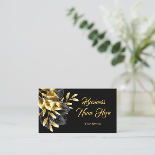 Elegant Golden Leaves On Black Gold Business Card | Zazzle
