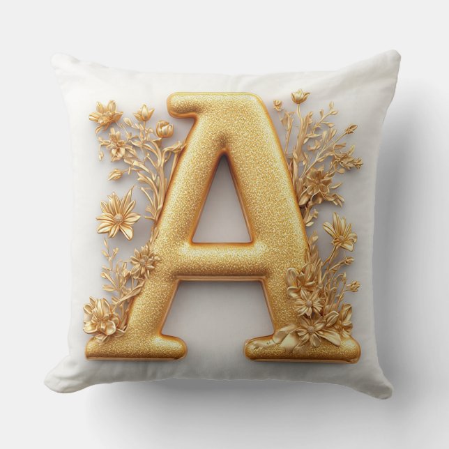 Elegant Golden Letter A with Delicate Flowers Throw Pillow (Front)