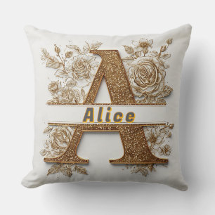 Elegant Golden Letter A with Delicate Flowers Throw Pillow