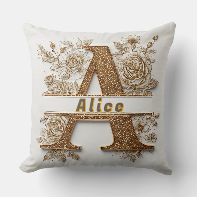 Elegant Golden Letter A with Delicate Flowers Throw Pillow (Front)