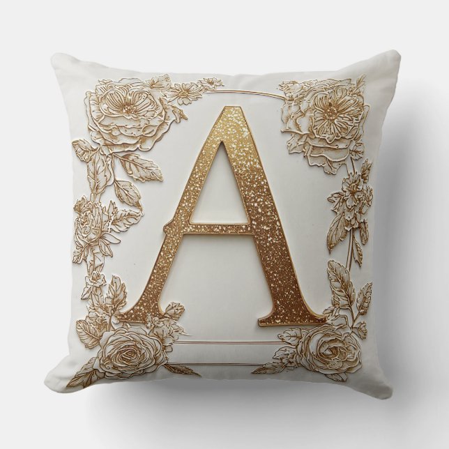 Elegant Golden Letter A with Delicate Flowers Throw Pillow (Front)