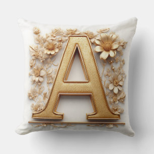 Elegant Golden Letter A with Delicate Flowers Throw Pillow