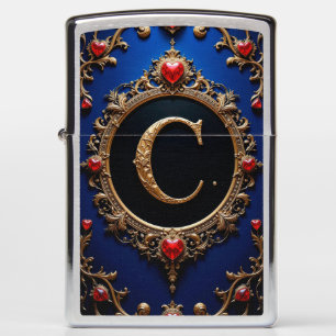 Elegant Golden Letter C Surrounded by Hearts Zippo Lighter