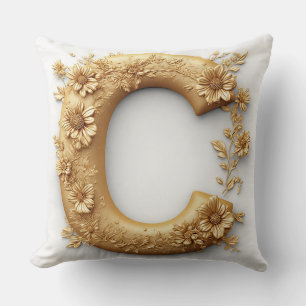 Elegant Golden Letter C with Delicate Flowers Throw Pillow
