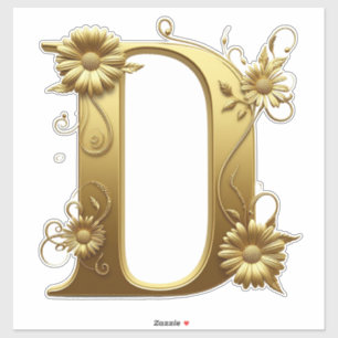 Elegant Golden Letter D With Floral Design Sticker