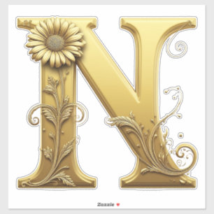 Elegant Golden Letter N With Floral Embellishments Sticker