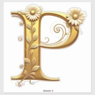 Elegant Golden Letter P With Floral Embellishments Sticker