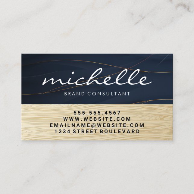 Elegant Golden Lines | Wood Grain Business Card (Front)