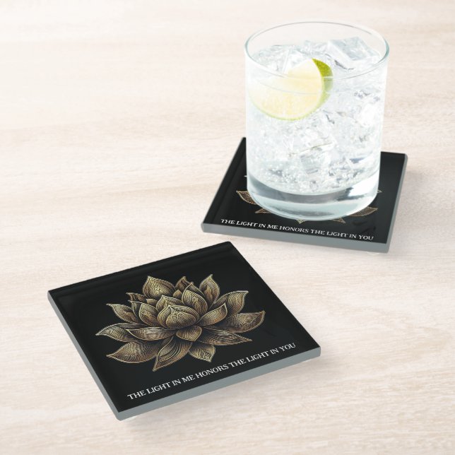 Elegant Golden Lotus Flower The Light in Me ... Glass Coaster (Angled)