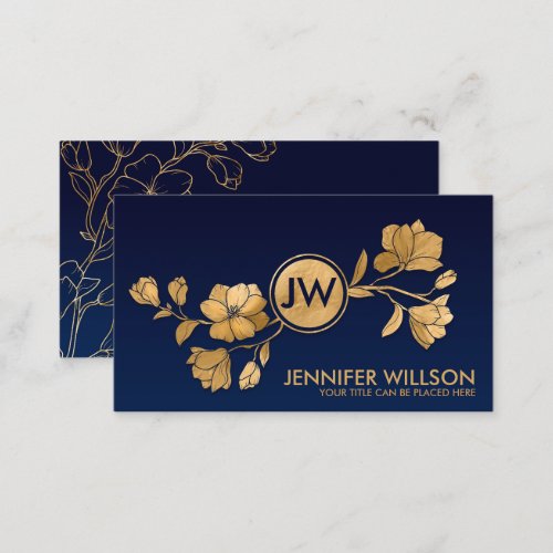 Elegant Golden Magnolia Blossom Monogram Business Card