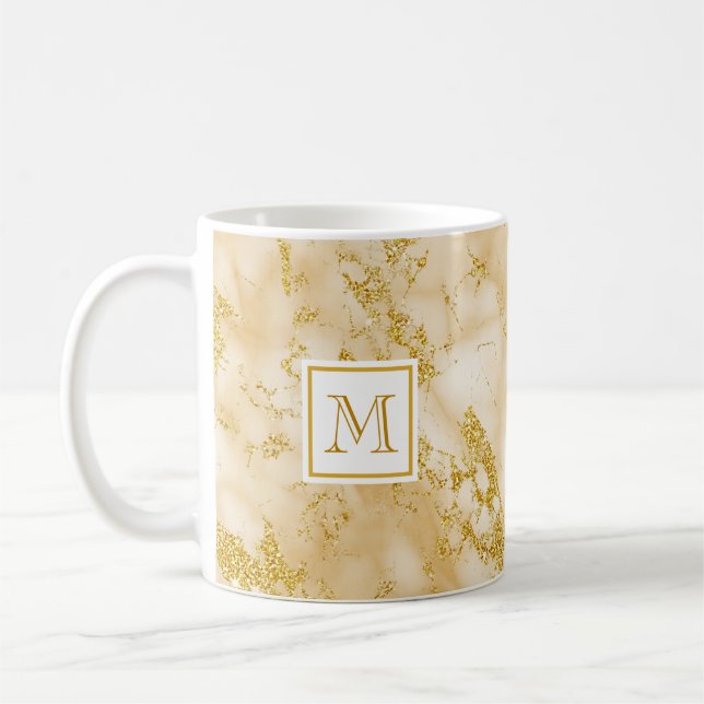 Elegant Golden Marble Monogram Faux Gold Glitter Coffee Mug (Left)