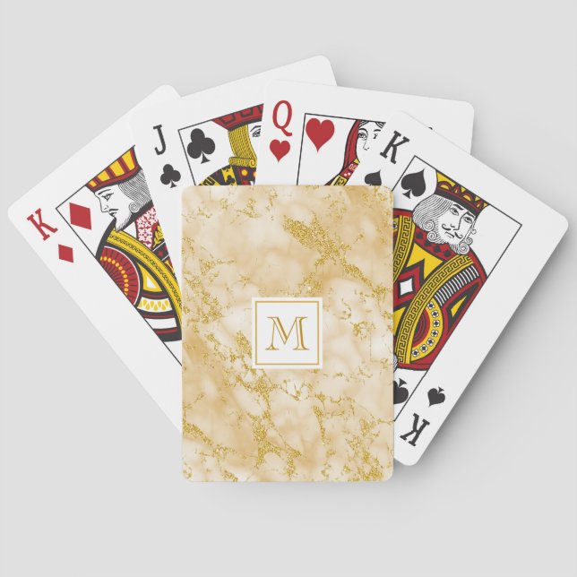 Elegant Golden Marble Monogram Faux Gold Glitter Poker Cards (Back)