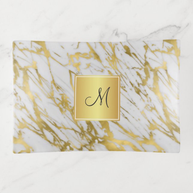 Elegant Golden Marble Pattern with Your Monogram Trinket Tray (Front)