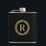 Elegant Golden Medallion Monogram Hip Flask<br><div class="desc">An elegant golden medallion and custom monogram. that you can personalize with your desired initial. Shown here in black,  the black background may be changed to the color of your choice. Makes a great gift choice for birthdays,  Father's Day,  groomsmen,  Christmas and more.</div>