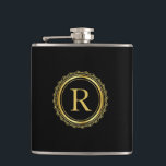 Elegant Golden Medallion Monogram Hip Flask<br><div class="desc">An elegant golden medallion and custom monogram. that you can personalize with your desired initial. Shown here in black,  the black background may be changed to the color of your choice. Makes a great gift choice for birthdays,  Father's Day,  groomsmen,  Christmas and more.</div>