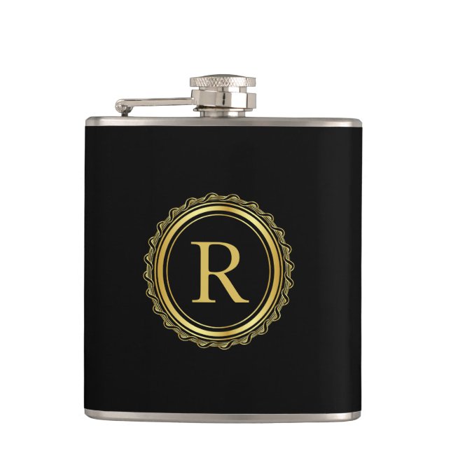 Elegant Golden Medallion Monogram Hip Flask (Front)