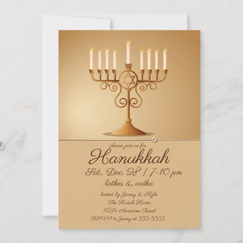 Elegant Golden Menorah Hanukkah Party Invitation