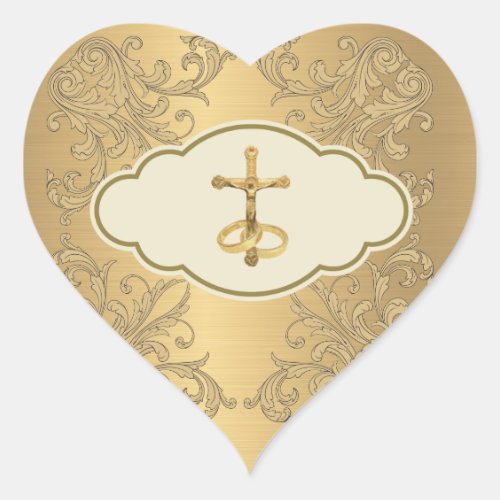 Elegant Golden Metallic Crucifix Wedding Rings  Heart Sticker