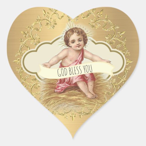 Elegant Golden Metallic Gold Baby Jesus Heart Sticker