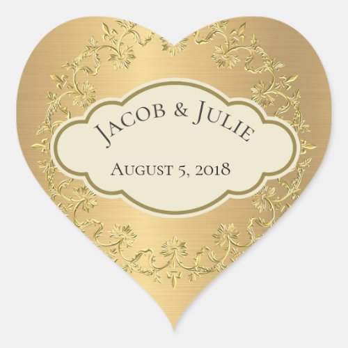 Elegant Golden Metallic Gold Leaf Heart Design Heart Sticker