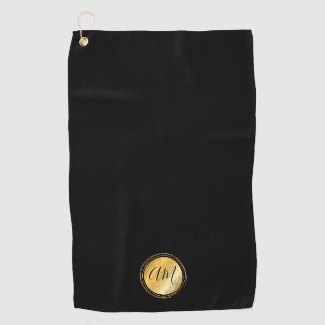 Elegant golden metallic minimal calligraphy letter golf towel (Front)