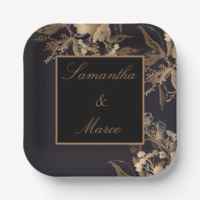 Elegant Golden Metallic Roses Floral Wedding Paper Plates (Front)
