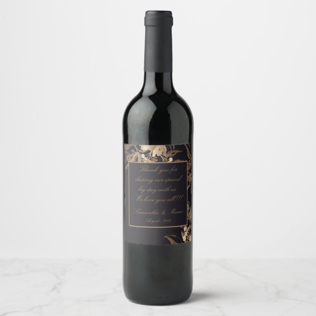Elegant Golden Metallic Roses Floral Wedding Wine Label (Front)