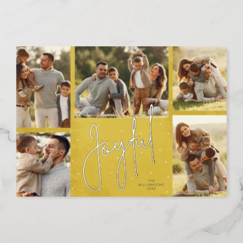 Elegant Golden Multi Photo Joyful Silver Foil Holiday Card