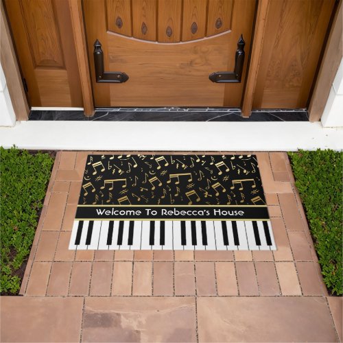 Elegant golden music notes piano keys doormat