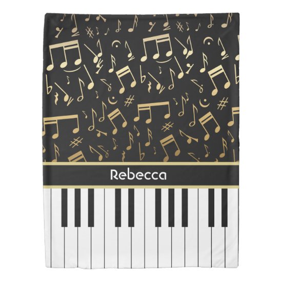Elegant golden music notes piano keys duvet cover