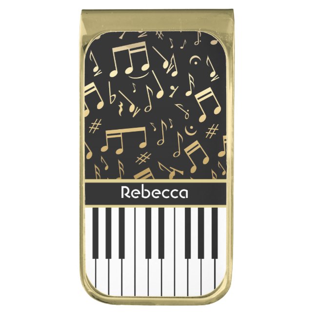 Elegant golden music notes piano keys gold finish money clip (Front Vertical)