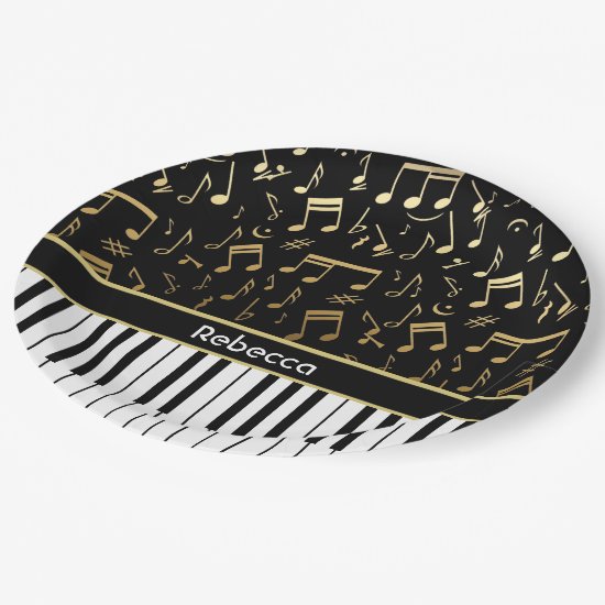 Elegant golden music notes piano keys paper plate