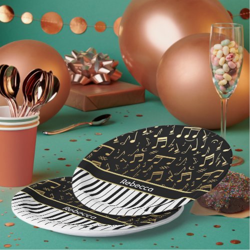 Elegant golden music notes piano keys paper plates