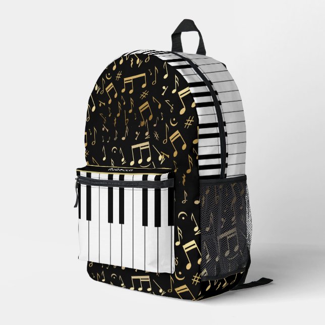 Elegant golden music notes piano keys printed backpack (Back Corner Right)