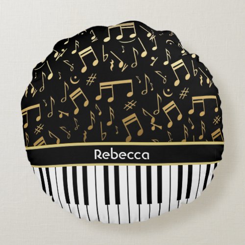 Elegant golden music notes piano keys round pillow