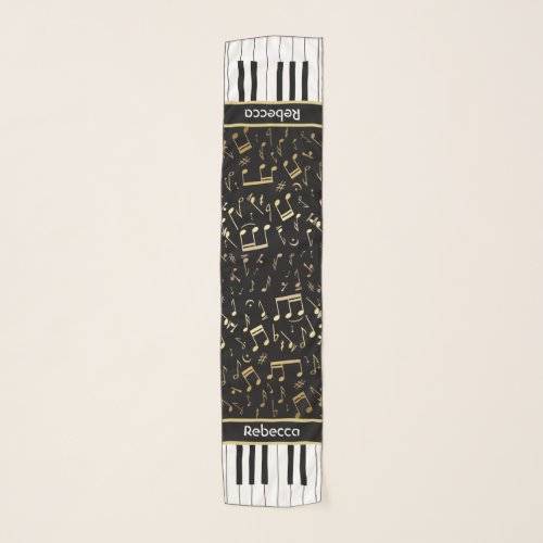 Elegant Golden Music Notes Trimmed with Piano Keys Personalized Oblong Scarf