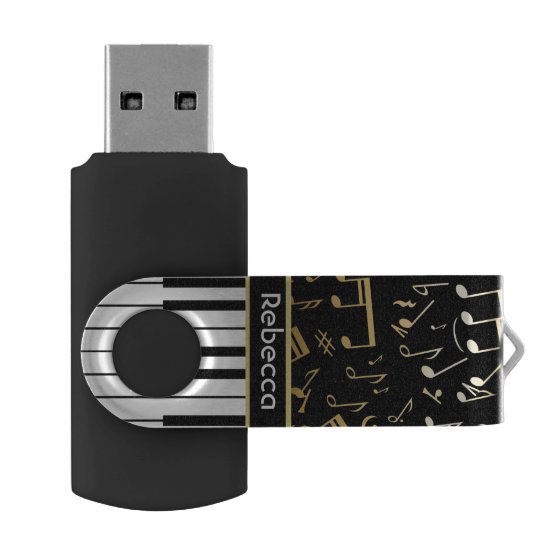 Elegant golden music notes piano keys USB flash drive