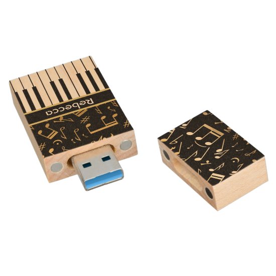 Elegant golden music notes piano keys wood USB flash drive