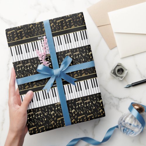 Elegant golden music notes piano keys wrapping paper