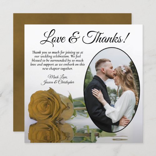 Elegant Golden Ochre Rose Oval Photo Wedding Thank You Card