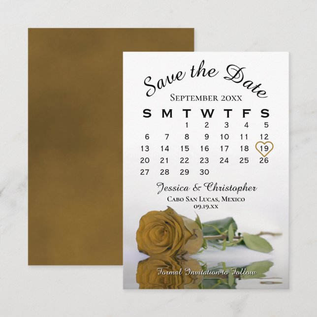 Elegant Golden Ochre Rose Wedding Calendar Save The Date (Front/Back)